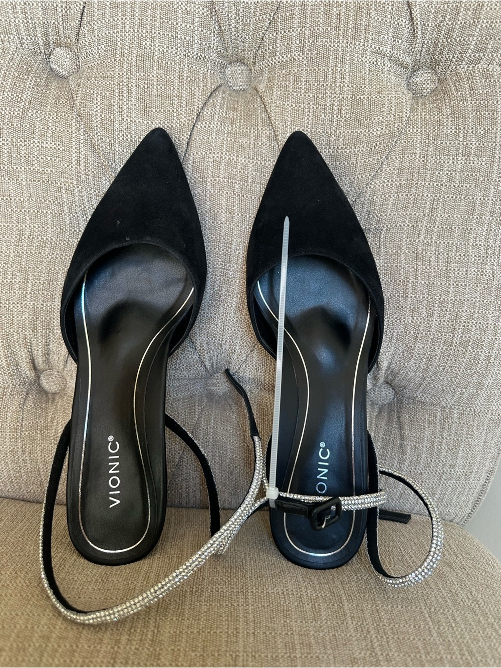 Vionic Black Pointed-Toe Slingback Mules with Rhinestone Strap